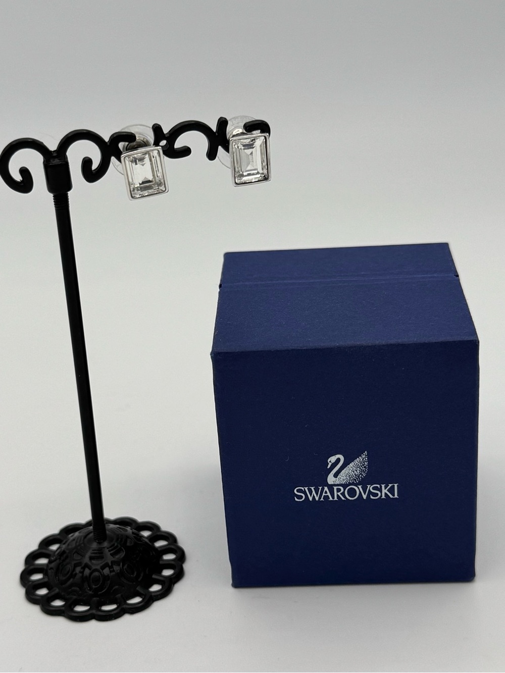Swarovski Earrings Clear White Rectangle Post Stud Silver Classic Quiet Luxury